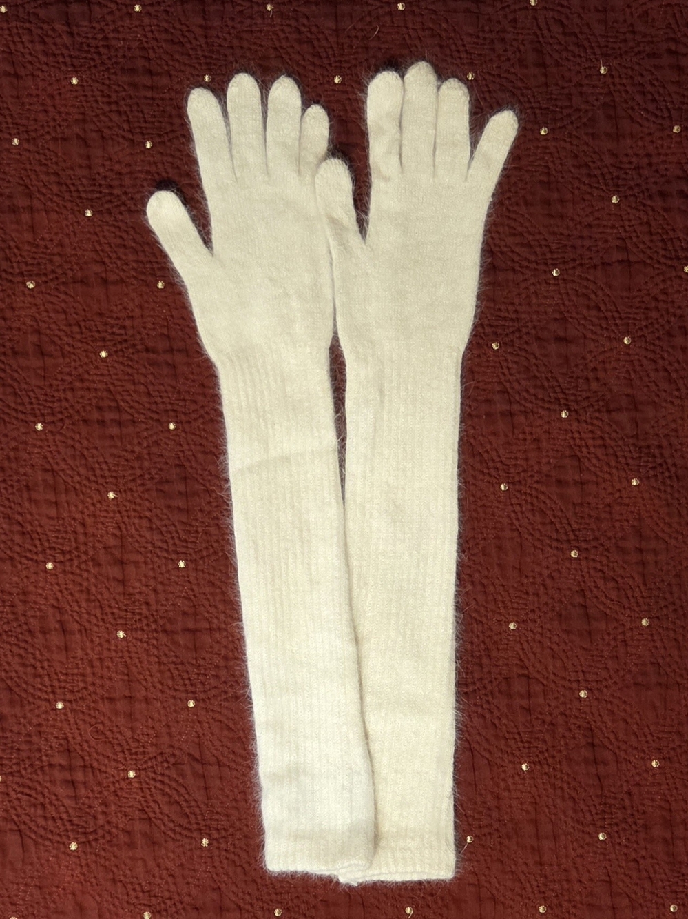 Long Cream Women's Knit Gloves, Angora Rabbit, Moda International